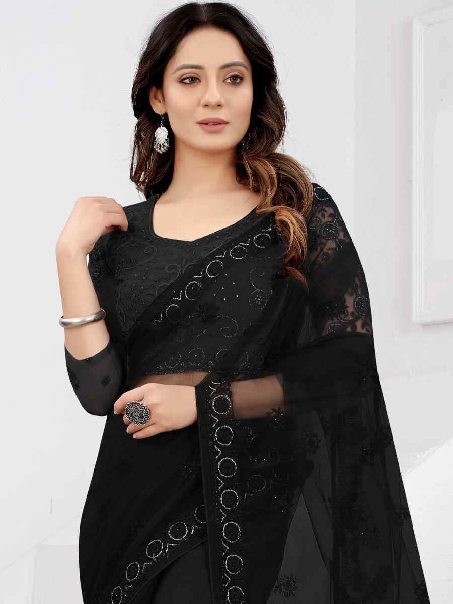 Black Net Embroidered Party Festival Classic Style Saree