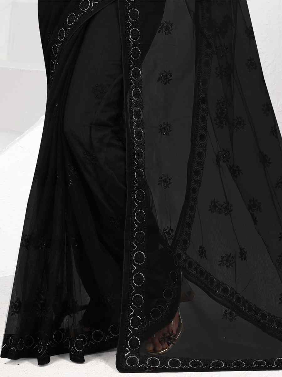 Black Net Embroidered Party Festival Classic Style Saree