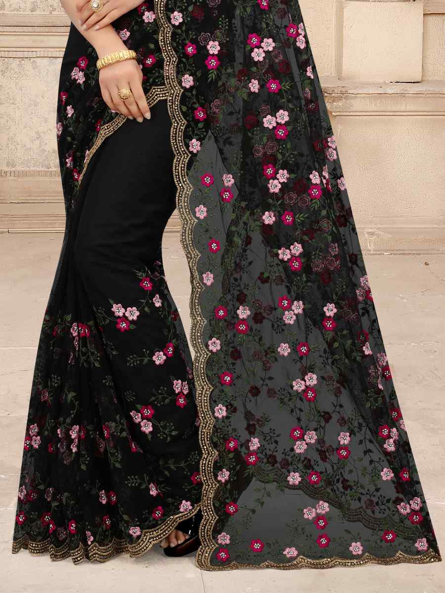 Black Net Embroidered Party Festival Contemporary Saree