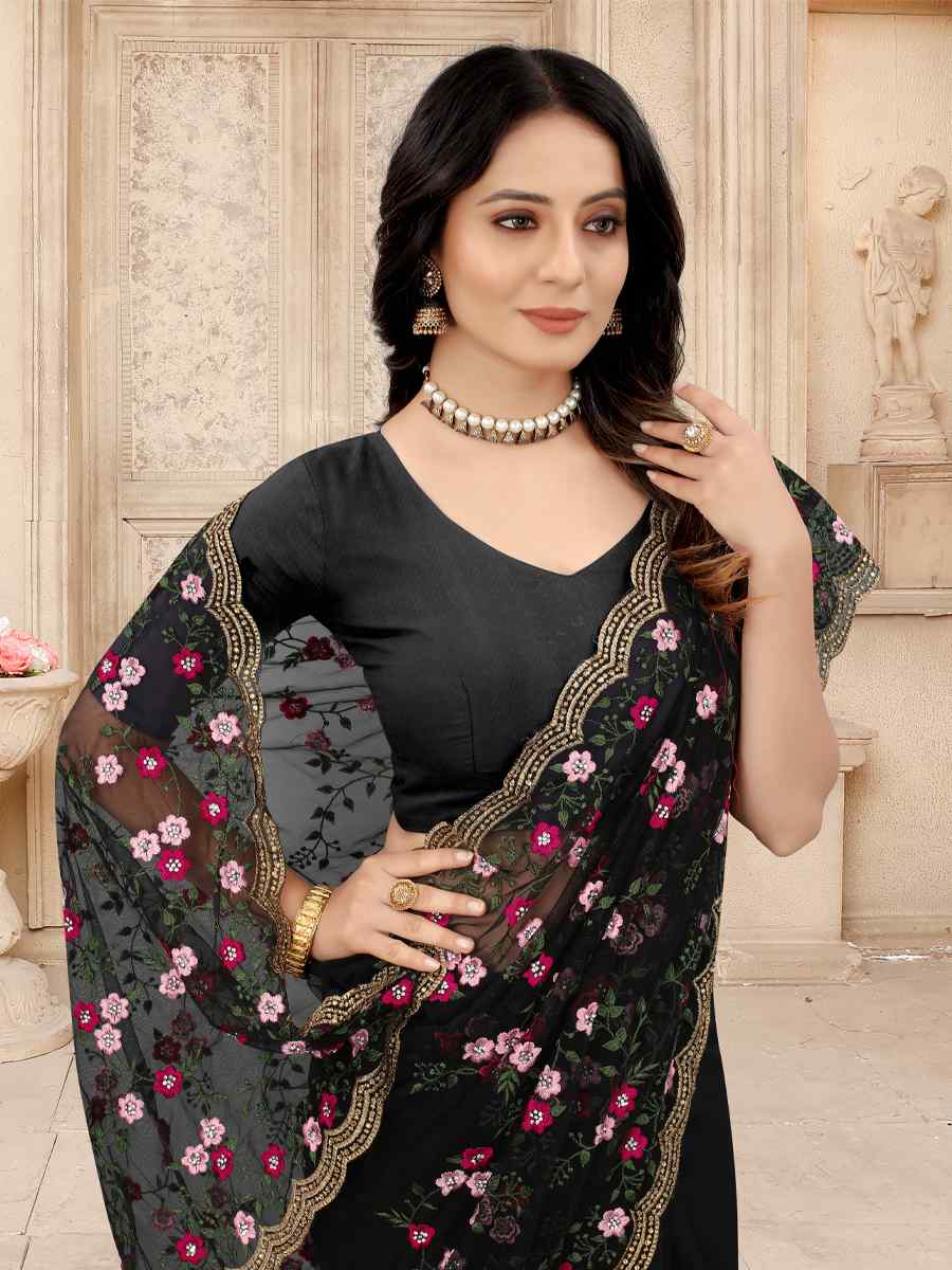 Black Net Embroidered Party Festival Contemporary Saree