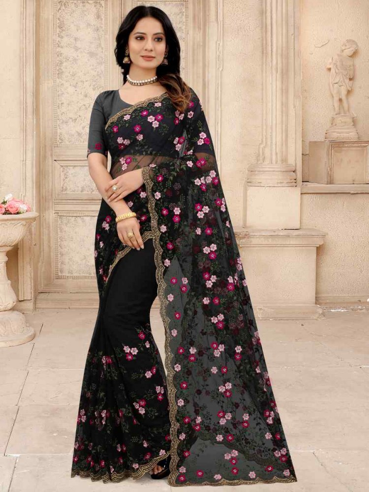 Black Net Embroidered Party Festival Contemporary Saree