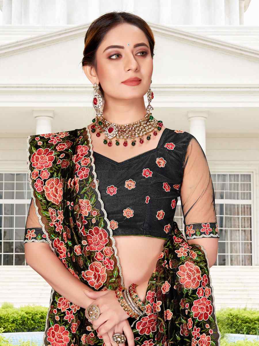 Black Net Embroidered Party Festival Heavy Border Saree