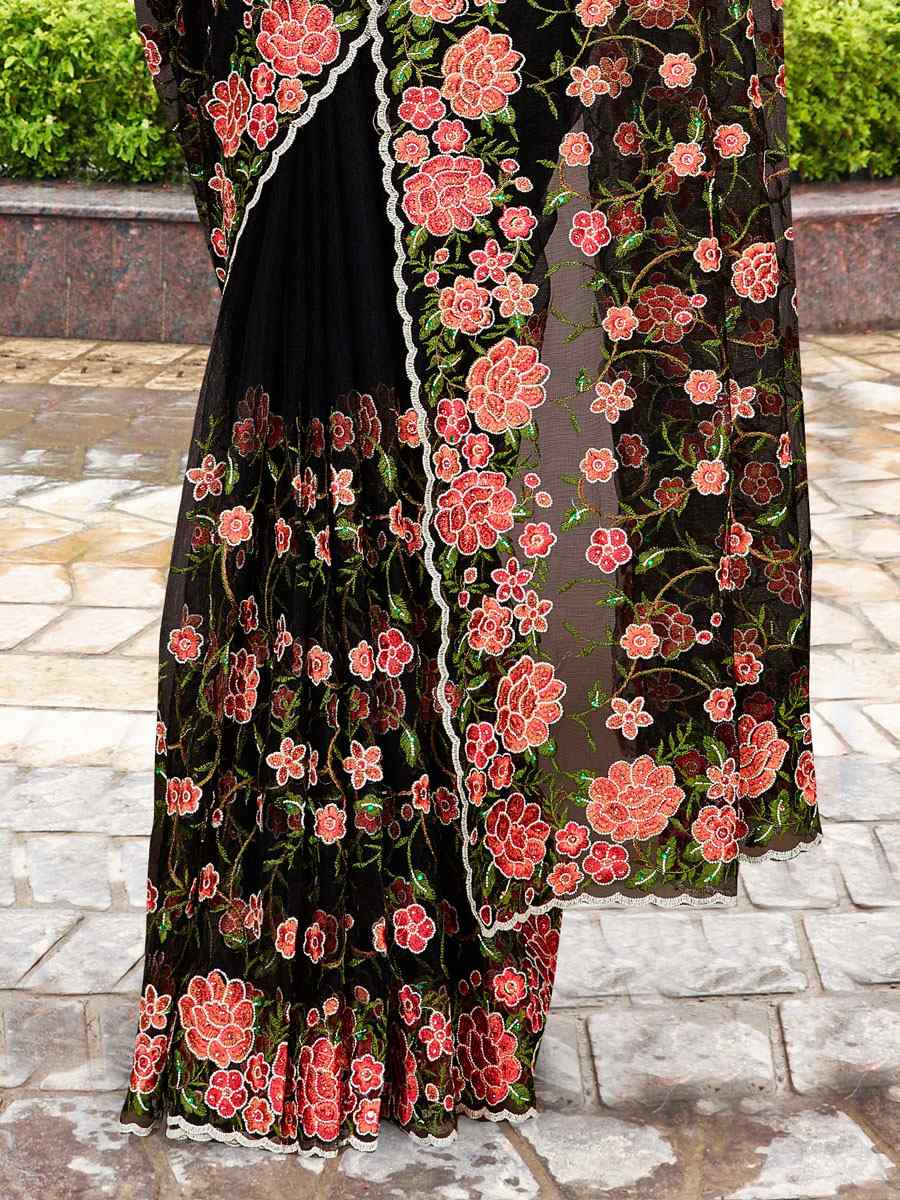 Black Net Embroidered Party Festival Heavy Border Saree