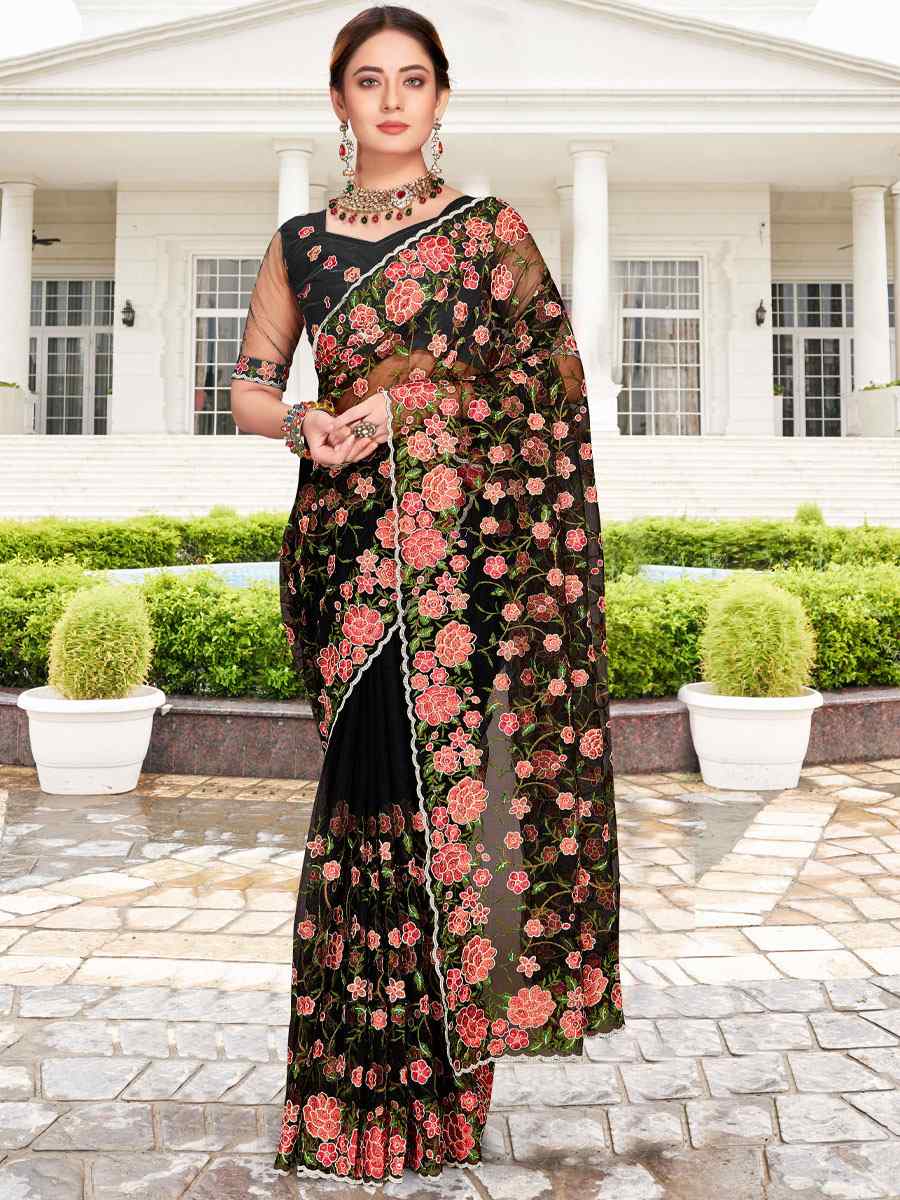 Black Net Embroidered Party Festival Heavy Border Saree