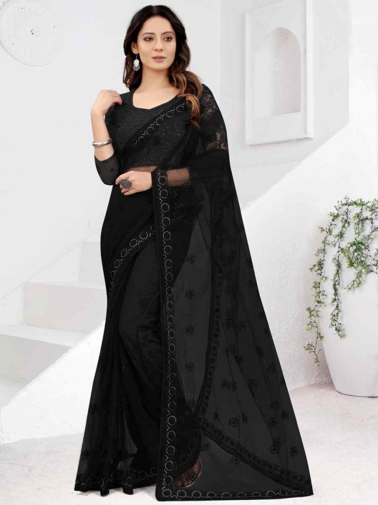 Black Net Embroidered Party Reception Contemporary Saree