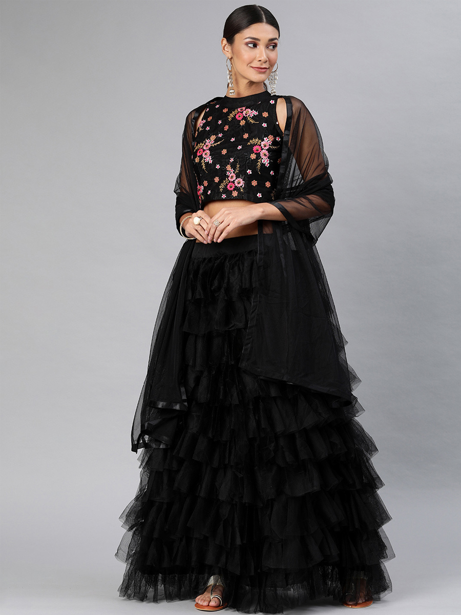 Black Net Embroidered Party Wear Wedding Circular Lehenga Choli