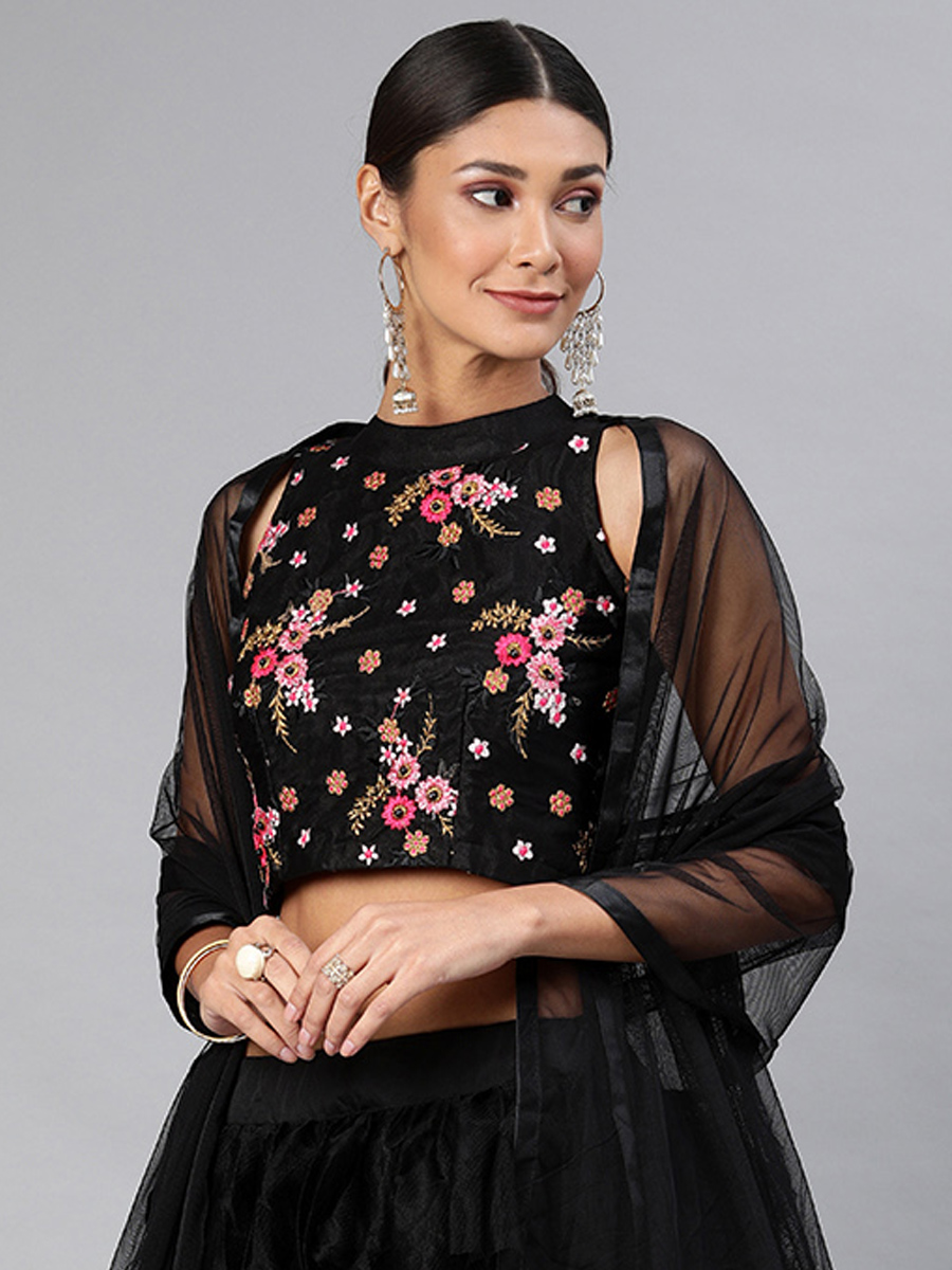 Black Net Embroidered Party Wear Wedding Circular Lehenga Choli