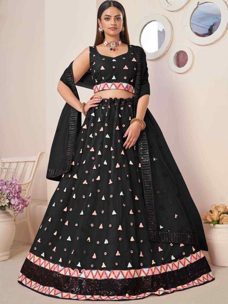 Black Net Embroidered Reception Wedding Heavy Border Lehenga Choli