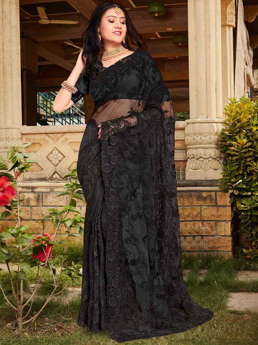 Black Net Embroidered Wedding Festival Heavy Border Saree