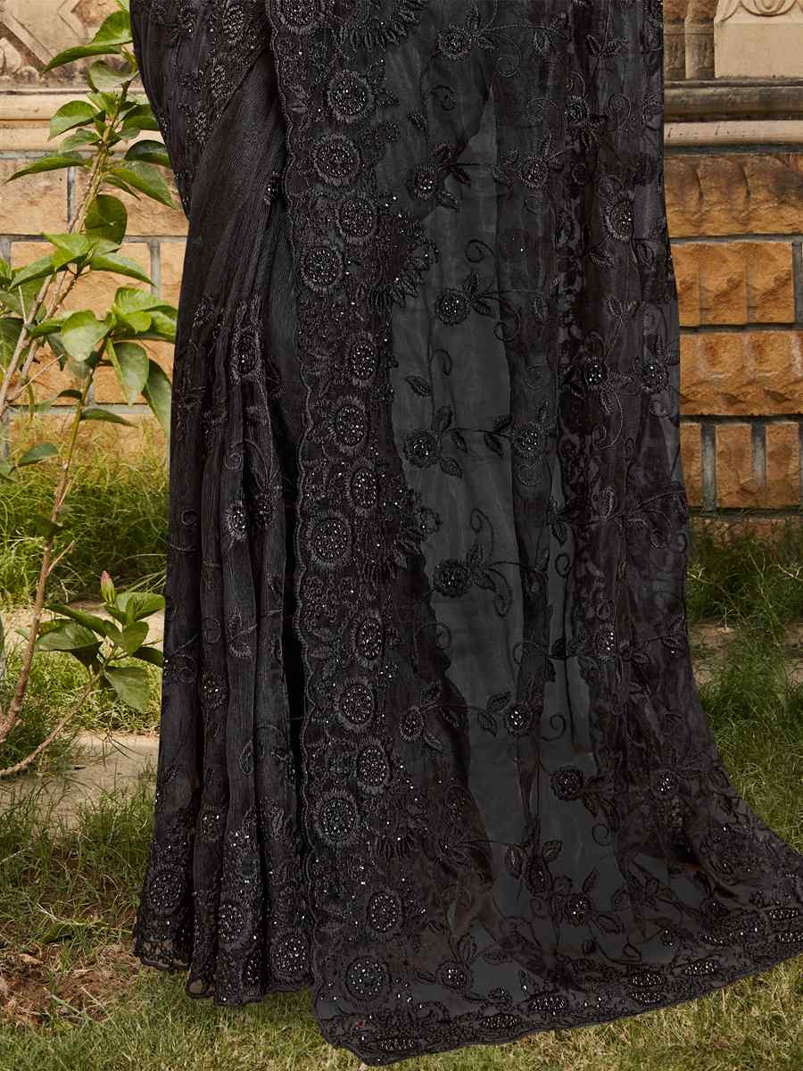 Black Net Embroidered Wedding Festival Heavy Border Saree