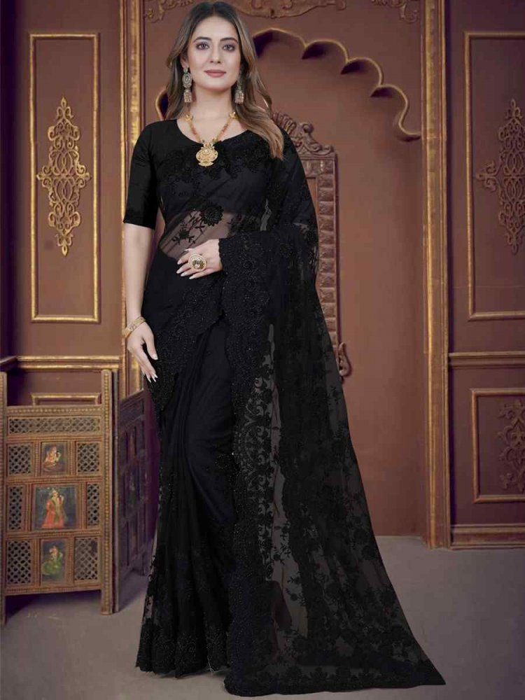 Black Net Embroidered Wedding Party Heavy Border Saree