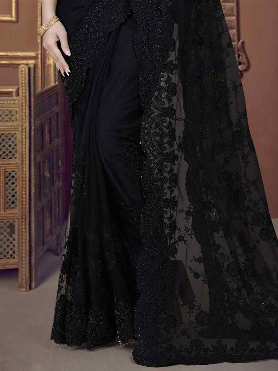 Black Net Embroidered Wedding Party Heavy Border Saree