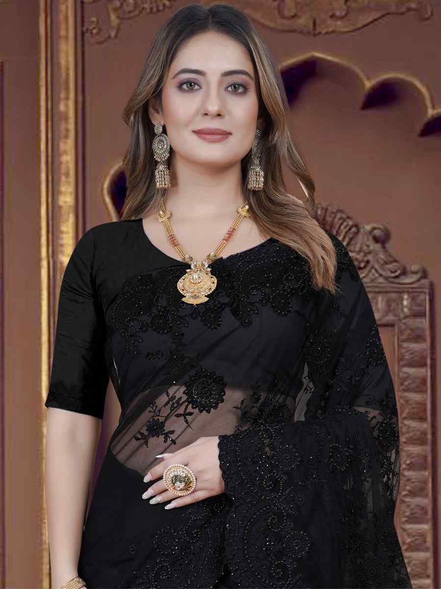 Black Net Embroidered Wedding Party Heavy Border Saree