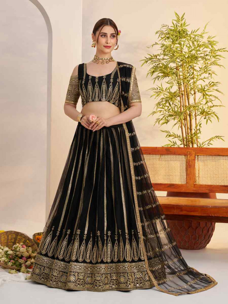 Image of Black Net Embroidered Wedding Reception Festival Heavy Border Lehenga Choli
