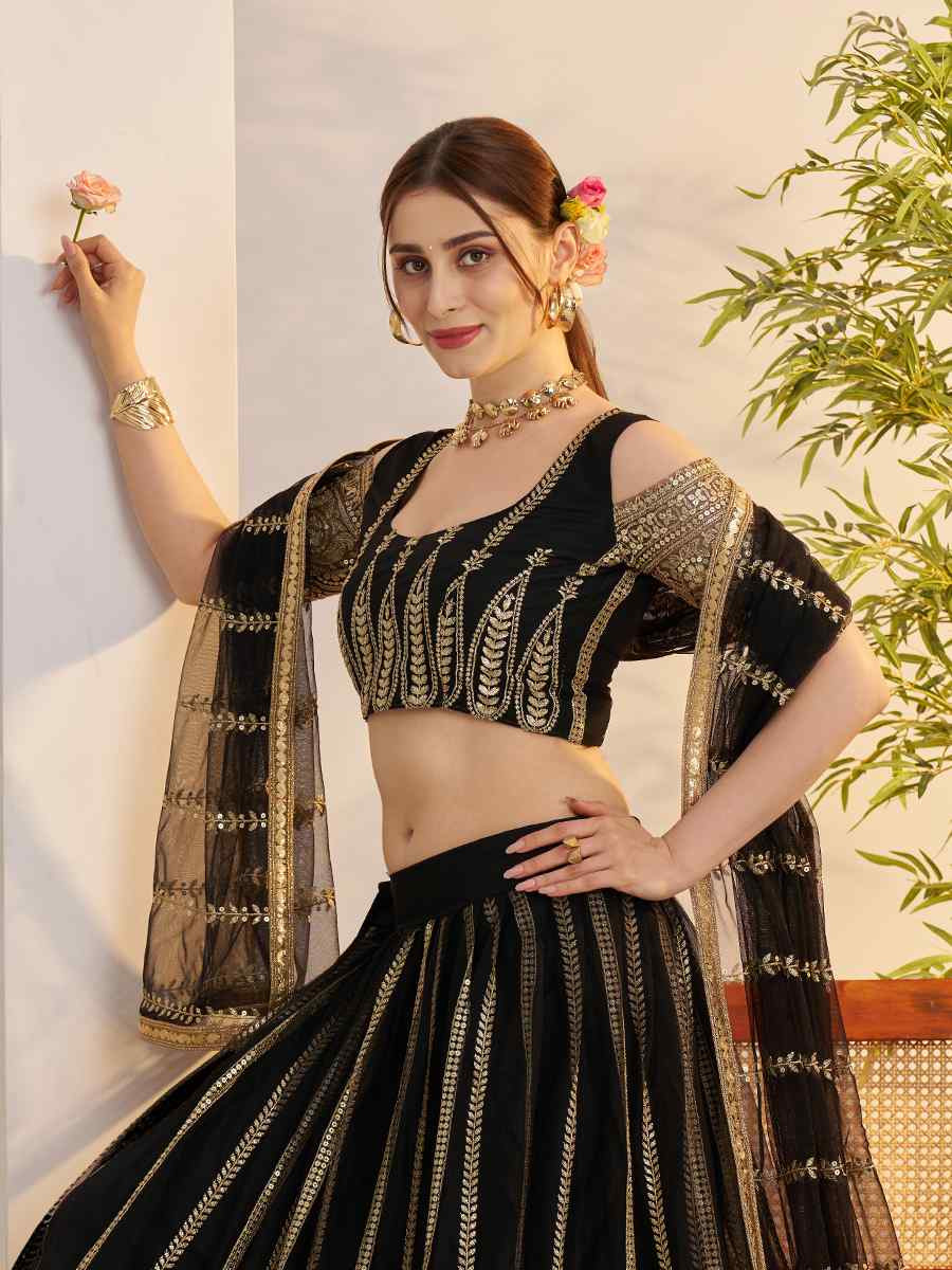 Black Net Embroidered Wedding Reception Festival Heavy Border Lehenga Choli