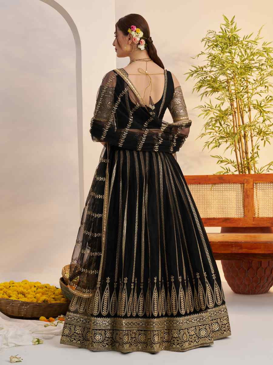 Black Net Embroidered Wedding Reception Festival Heavy Border Lehenga Choli