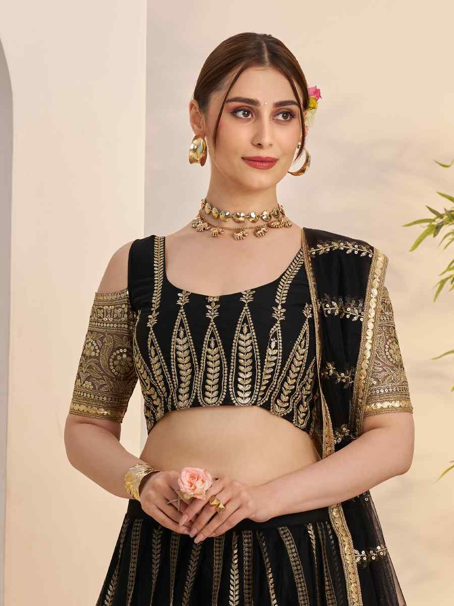 Black Net Embroidered Wedding Reception Festival Heavy Border Lehenga Choli