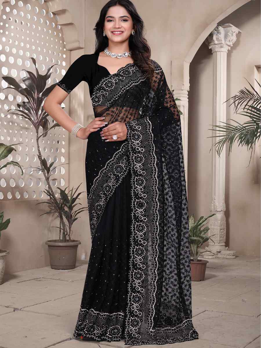 Black Net Embroidery Party Bridal Reception Festival Wedding Fancy Heavy Border Saree