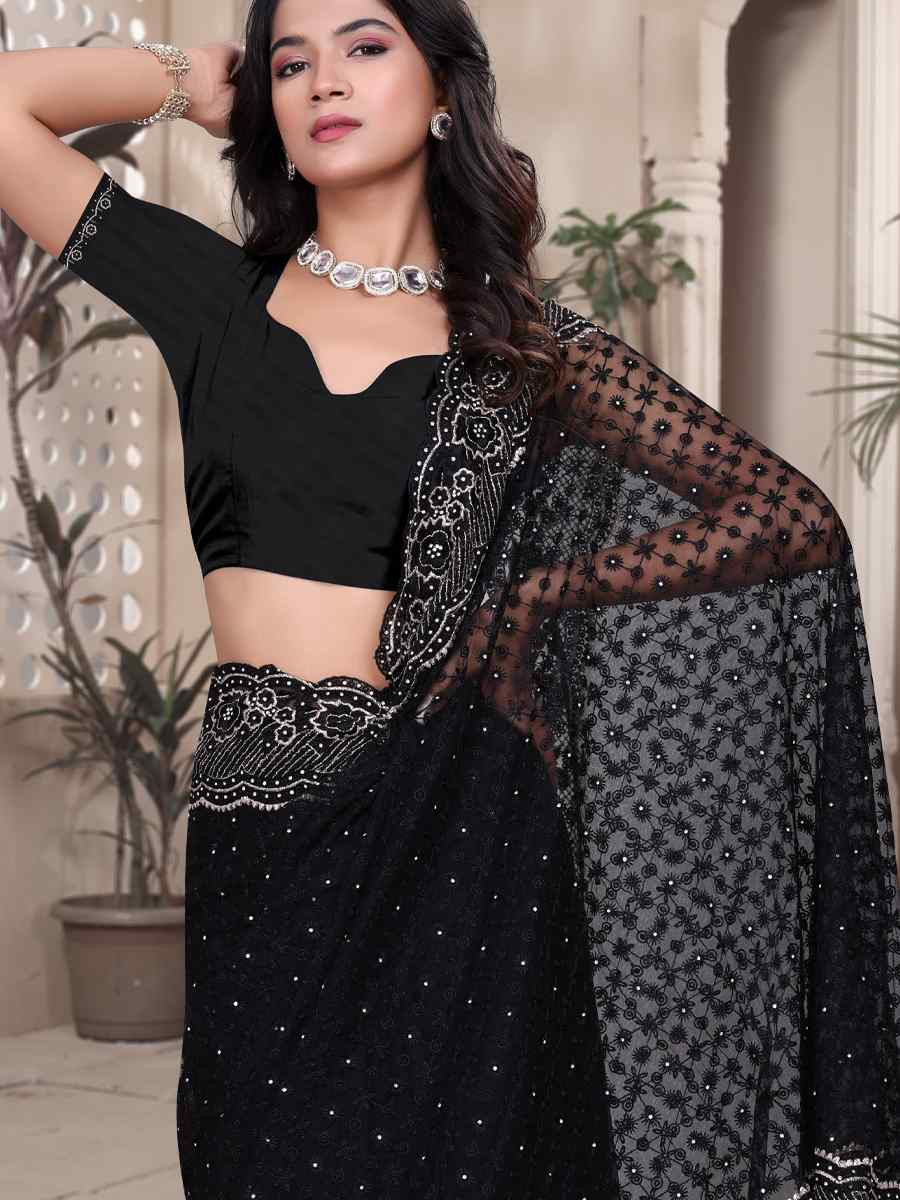 Black Net Embroidery Party Bridal Reception Festival Wedding Fancy Heavy Border Saree