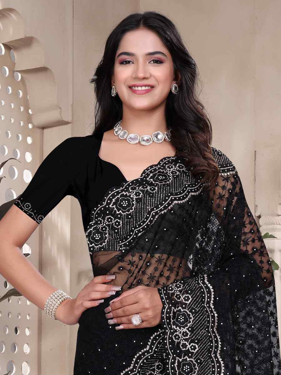 Black Net Embroidery Party Bridal Reception Festival Wedding Fancy Heavy Border Saree