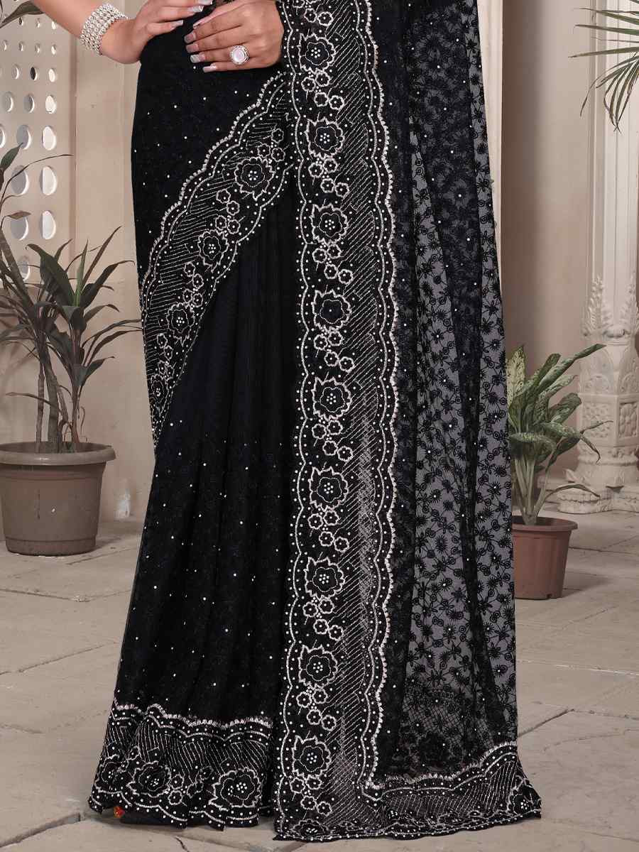Black Net Embroidery Party Bridal Reception Festival Wedding Fancy Heavy Border Saree