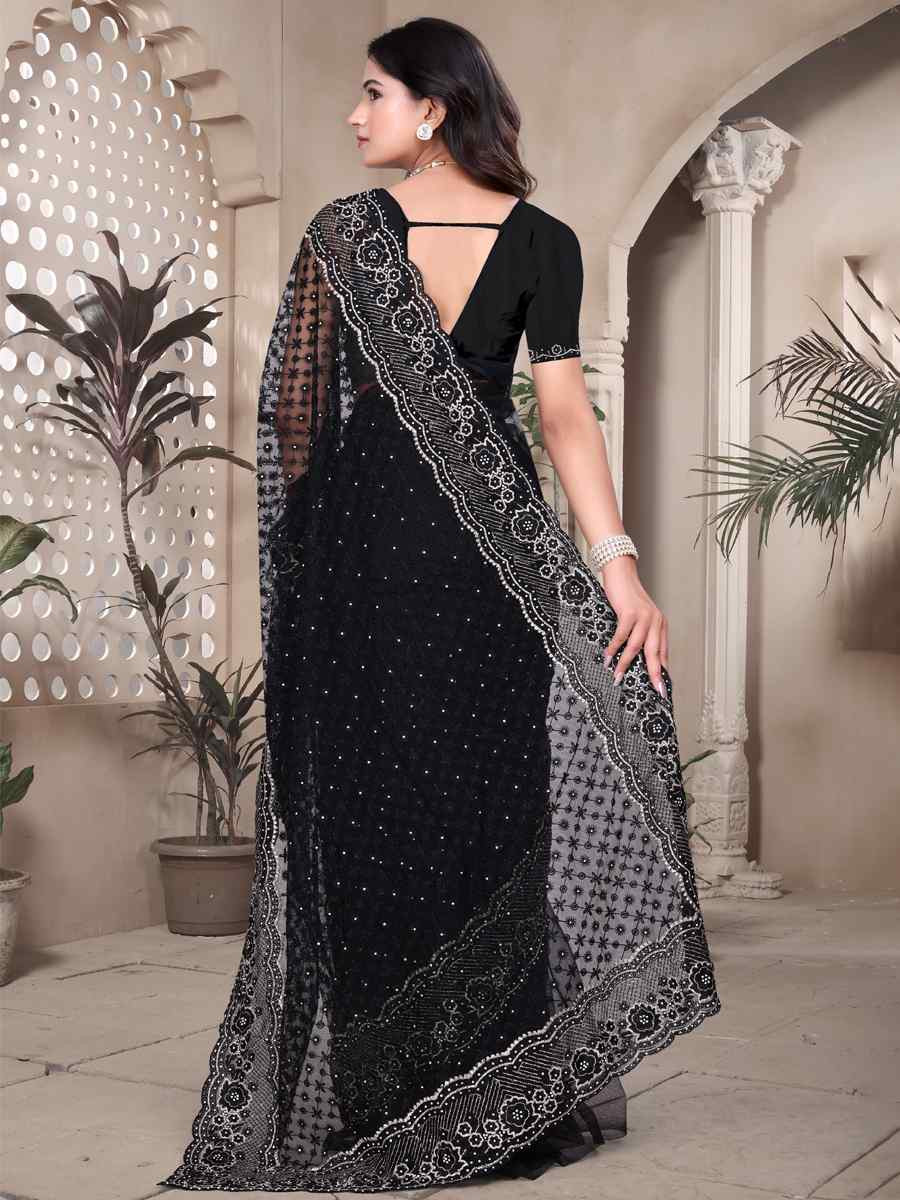 Black Net Embroidery Party Bridal Reception Festival Wedding Fancy Heavy Border Saree