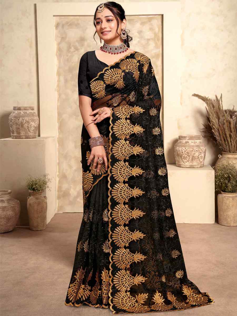 Black Net Embroidery Party Wedding Heavy Border Saree