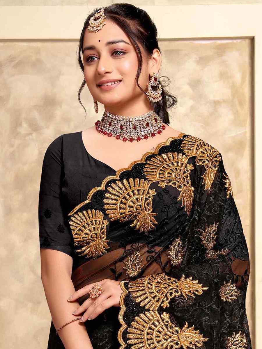 Black Net Embroidery Party Wedding Heavy Border Saree