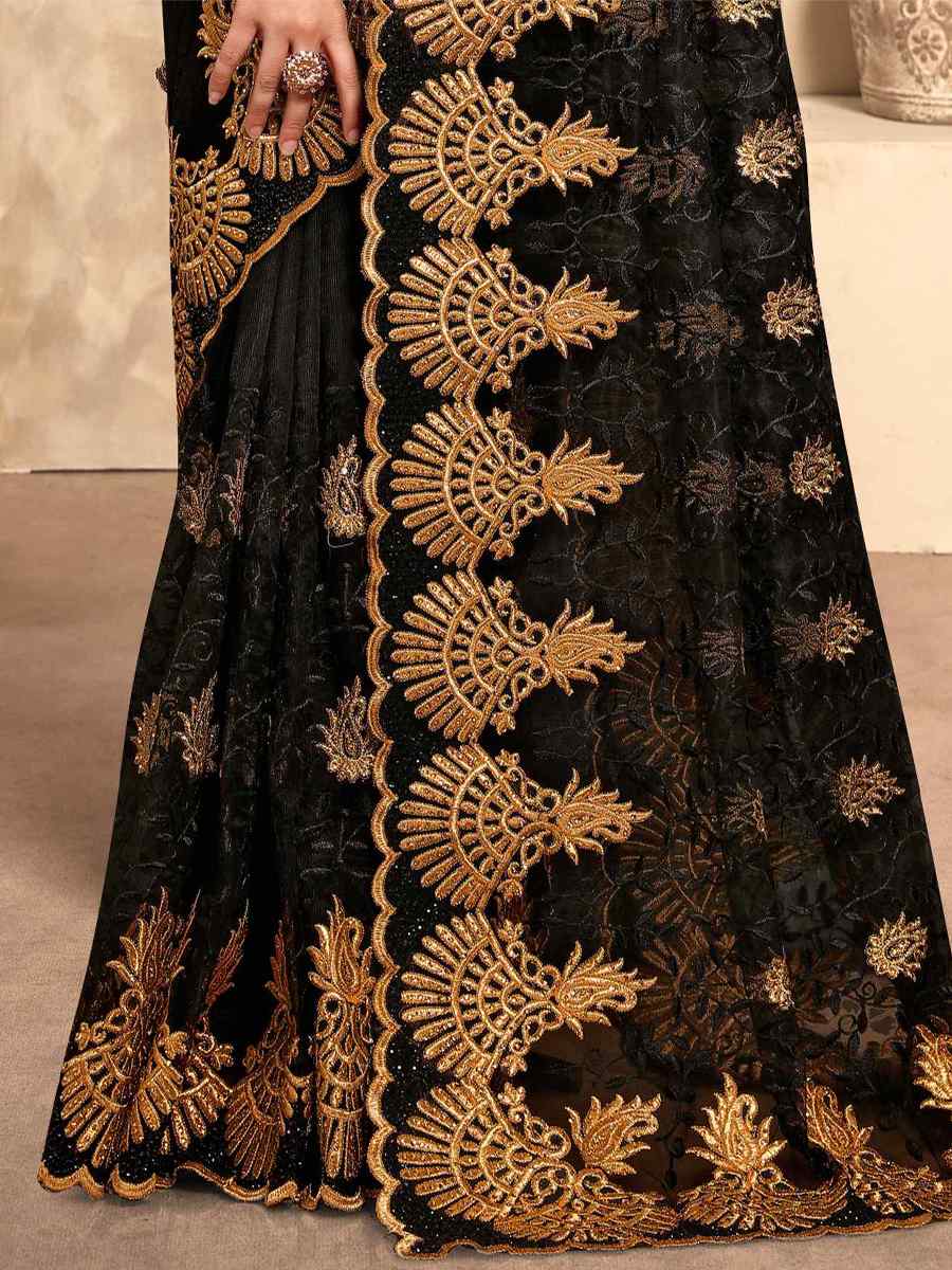 Black Net Embroidery Party Wedding Heavy Border Saree