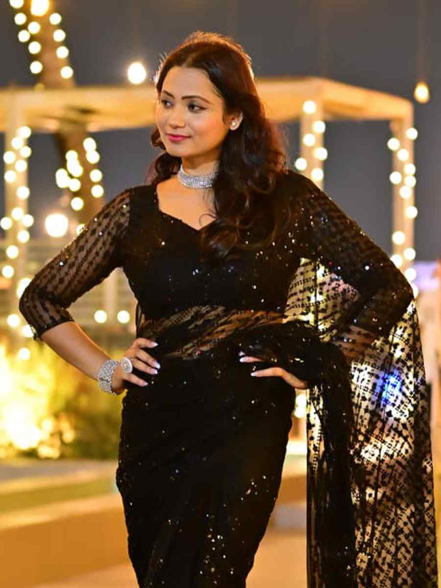 Black Net Embroidery Traditional Casual Reception Festival Wedding Fancy Heavy Border Saree