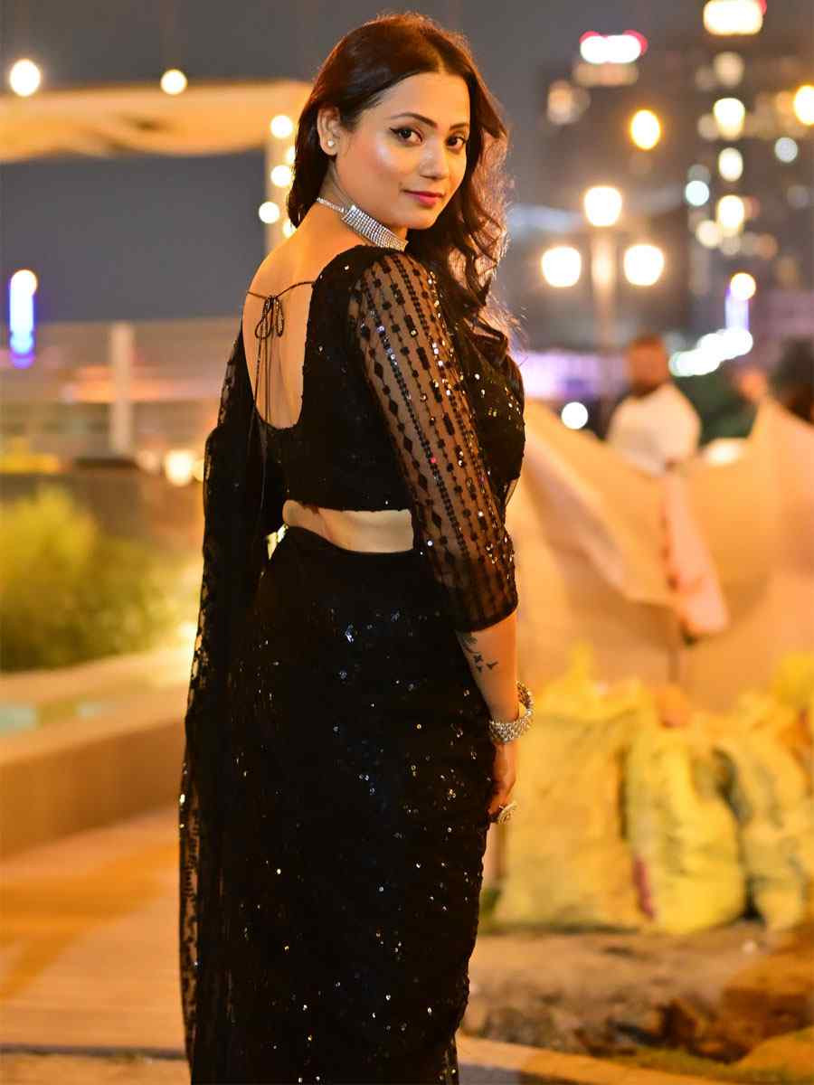 Black Net Embroidery Traditional Casual Reception Festival Wedding Fancy Heavy Border Saree