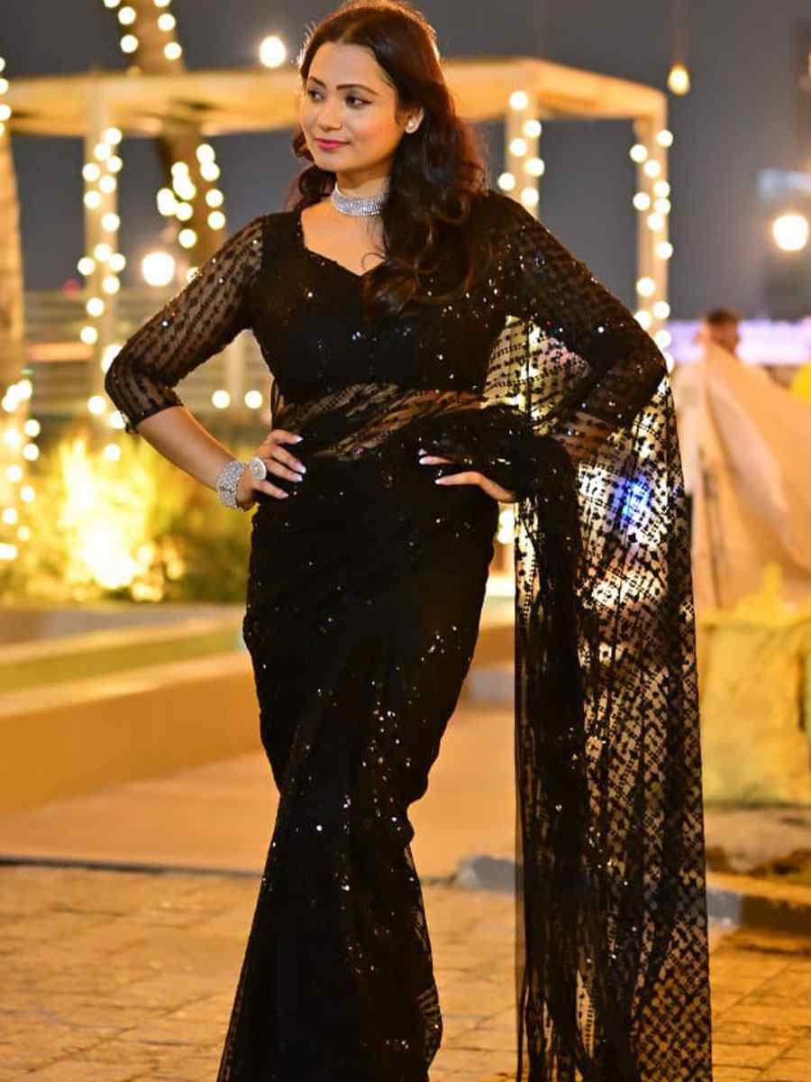 Black Net Embroidery Traditional Casual Reception Festival Wedding Fancy Heavy Border Saree