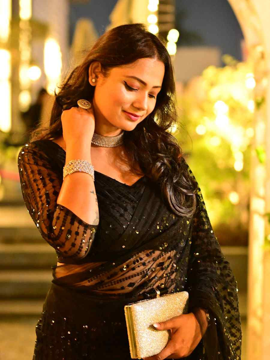 Black Net Embroidery Traditional Casual Reception Festival Wedding Fancy Heavy Border Saree