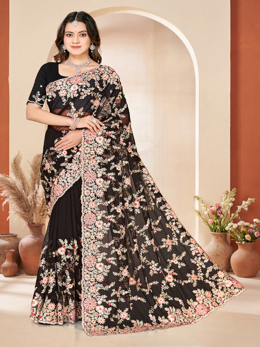 Black Net Embroidery Zari Wedding Reception Party Festival Casual Heavy Border Sarees