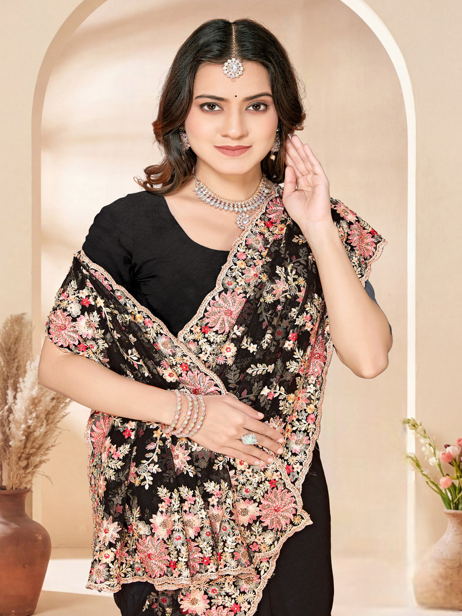 Black Net Embroidery Zari Wedding Reception Party Festival Casual Heavy Border Sarees