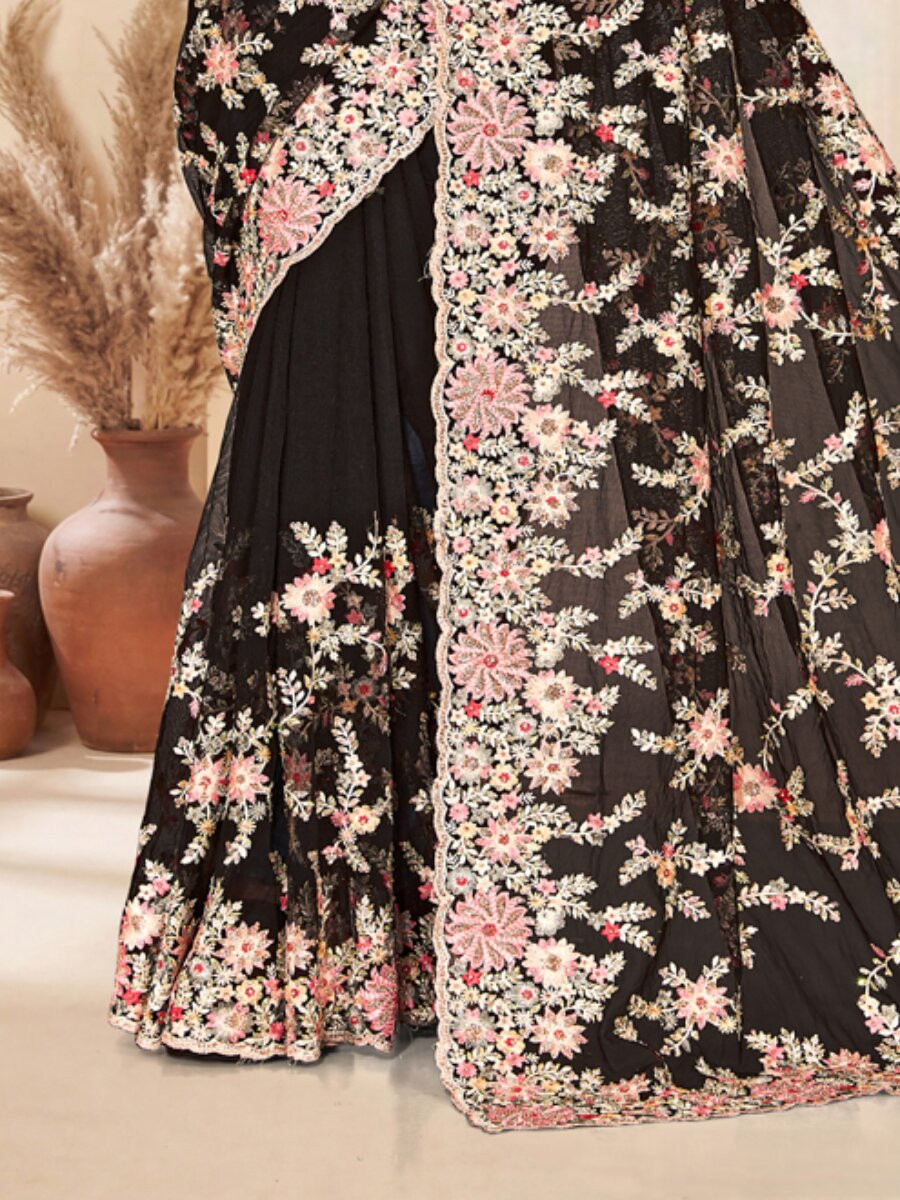 Black Net Embroidery Zari Wedding Reception Party Festival Casual Heavy Border Sarees