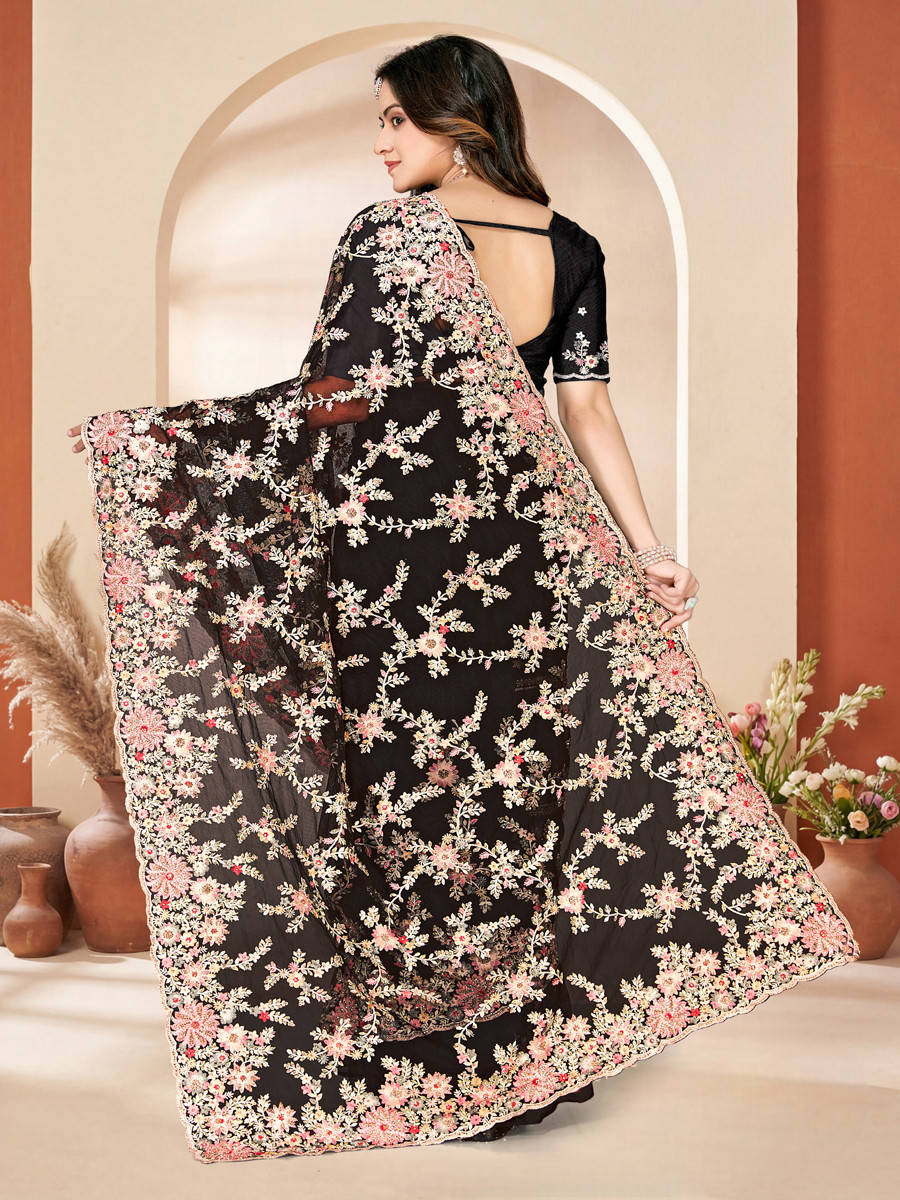 Black Net Embroidery Zari Wedding Reception Party Festival Casual Heavy Border Sarees