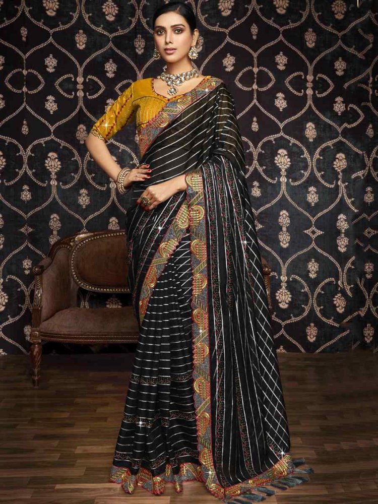 Black Organza Embroidered Party Festival Classic Style Saree