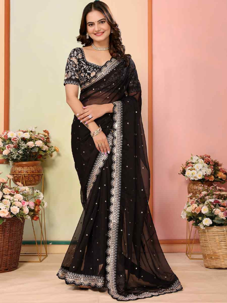 Black Organza Embroidery Traditional Festival Reception Festival Wedding Fancy Heavy Border Saree