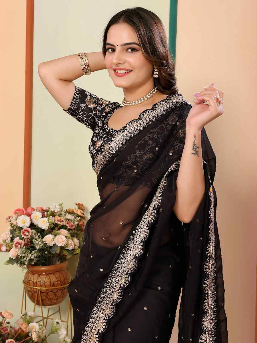 Black Organza Embroidery Traditional Festival Reception Festival Wedding Fancy Heavy Border Saree