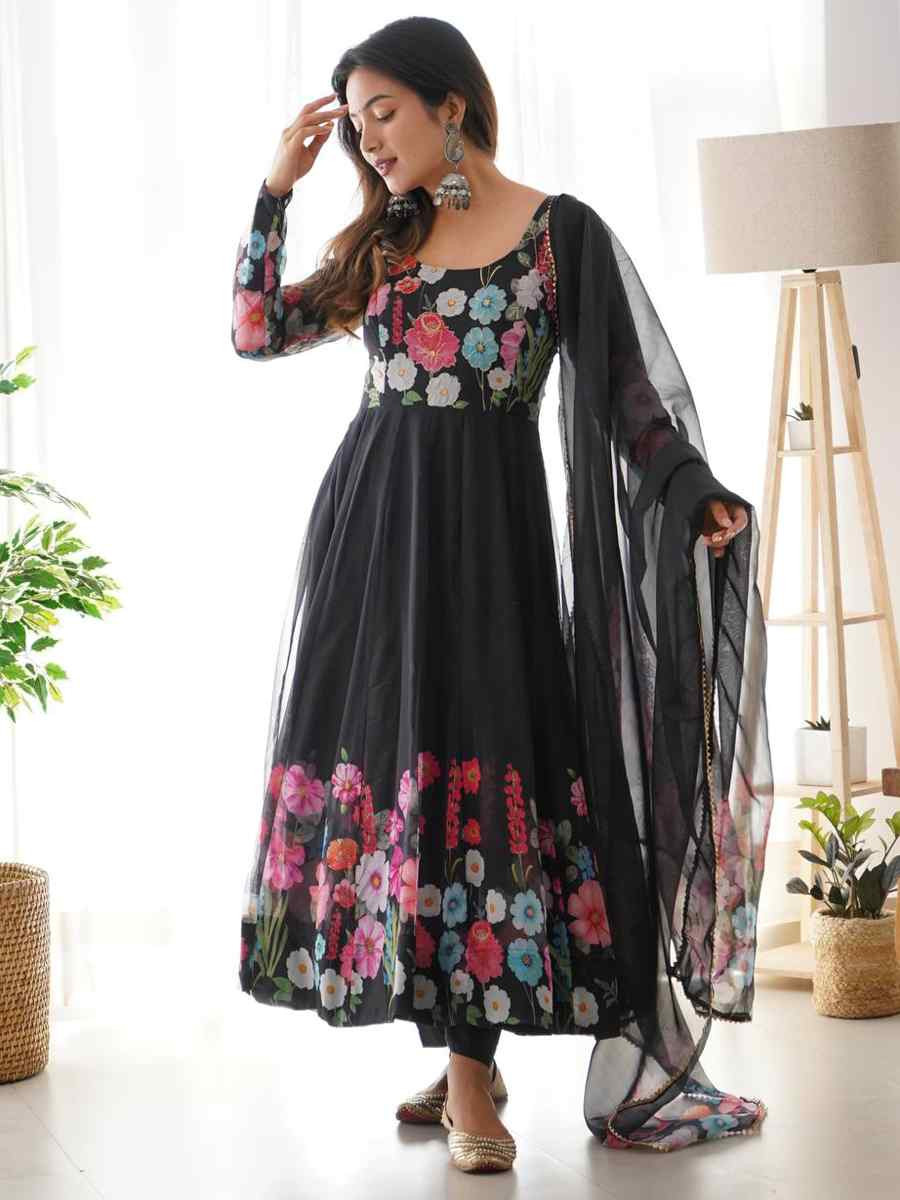 Black Organza Floral Printed Embroidery Party Wedding Festival Casual Ready Anarkali Salwar Kameez