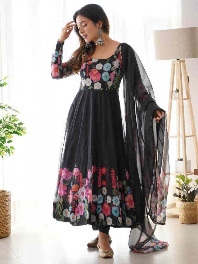 Image of Black Organza Floral Printed Embroidery Party Wedding Festival Casual Ready Anarkali Salwar Kameez