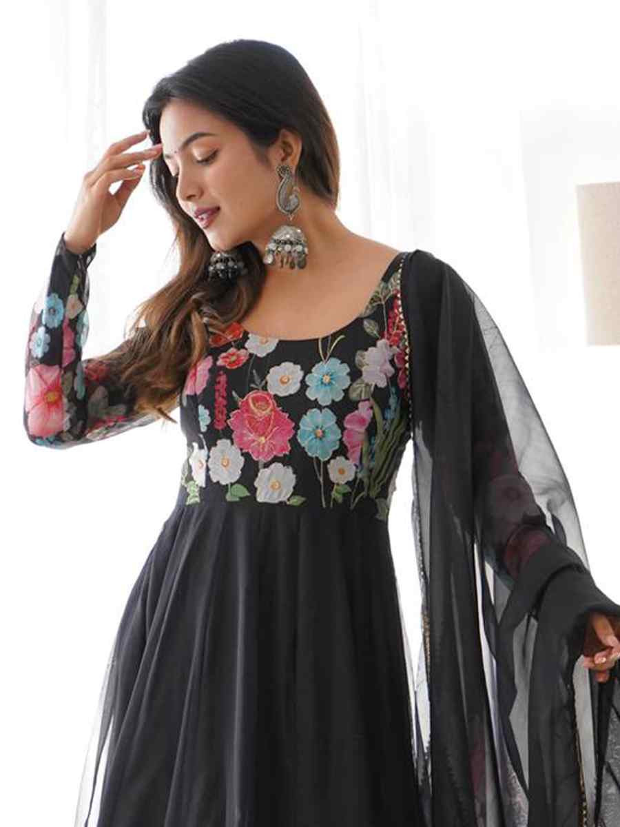 Black Organza Floral Printed Embroidery Party Wedding Festival Casual Ready Anarkali Salwar Kameez