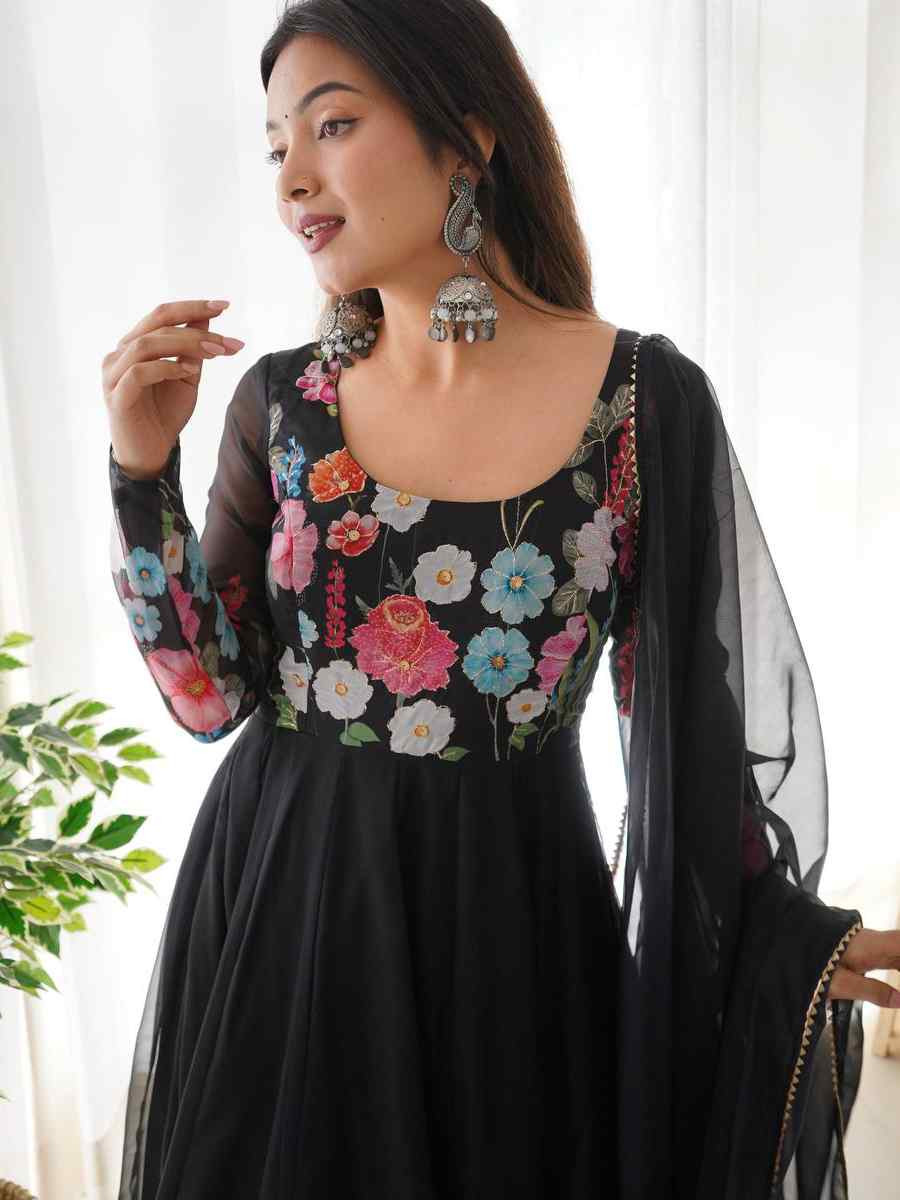 Black Organza Floral Printed Embroidery Party Wedding Festival Casual Ready Anarkali Salwar Kameez