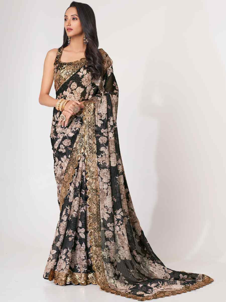 Black Organza Printed Embroidery Festival Wedding Fancy Heavy Border Saree