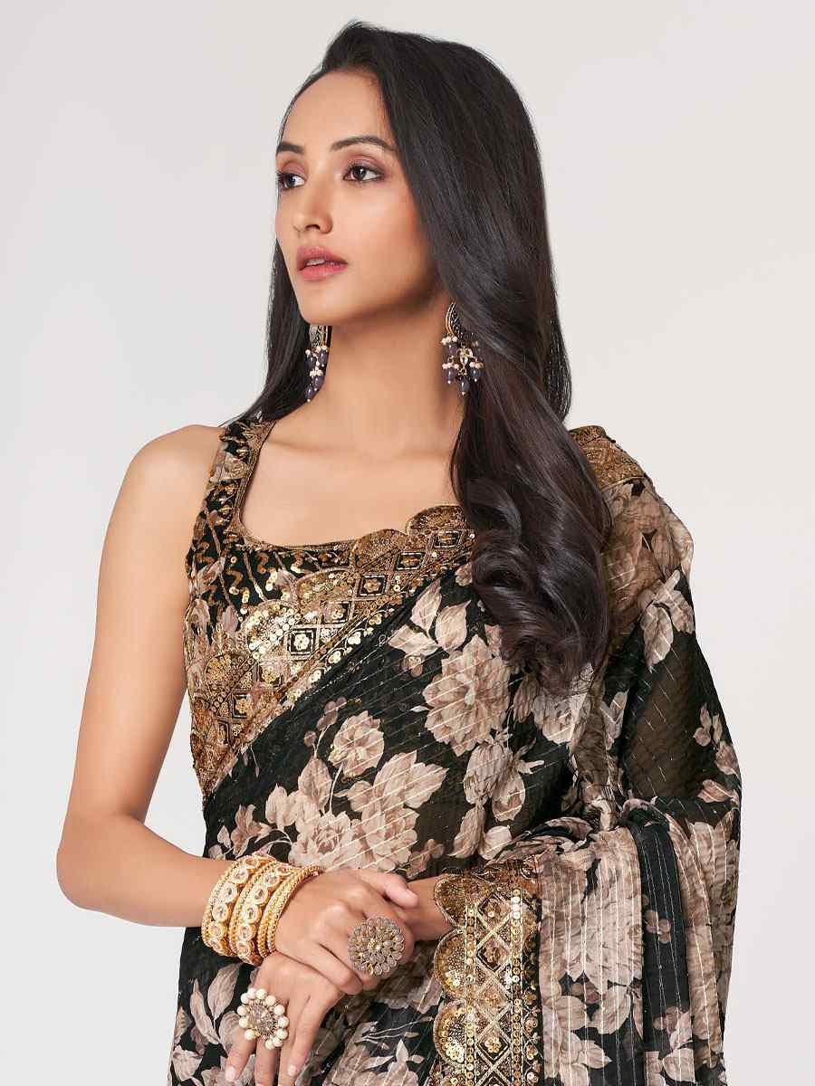Black Organza Printed Embroidery Festival Wedding Fancy Heavy Border Saree