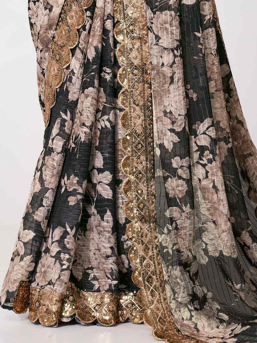 Black Organza Printed Embroidery Festival Wedding Fancy Heavy Border Saree