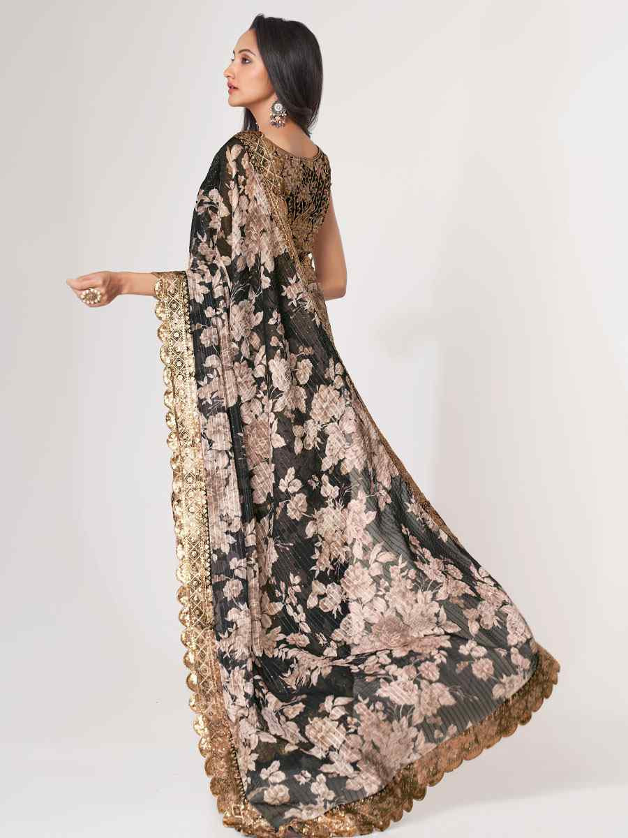 Black Organza Printed Embroidery Festival Wedding Fancy Heavy Border Saree