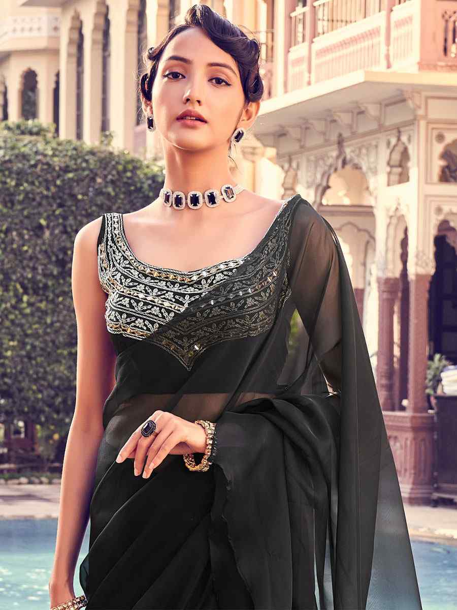 Black Organza Sequins Party Festival Classic Style Saree