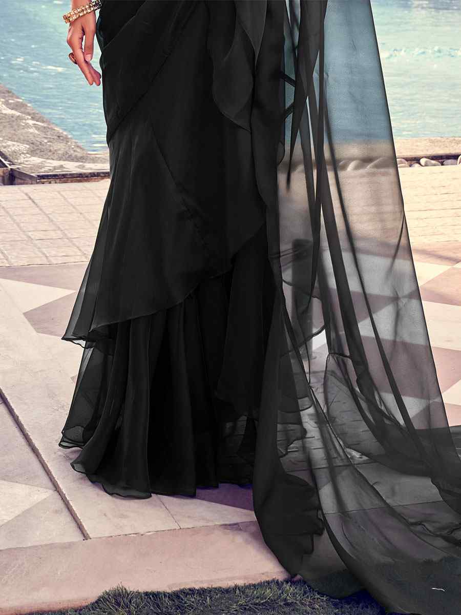 Black Organza Sequins Party Festival Classic Style Saree